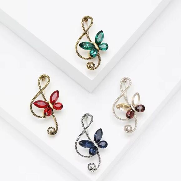 Blue Sapphire Rhinestone Butterfly Brooch Womens Casual Treble Clef Musical Pin - Picture 5 of 6